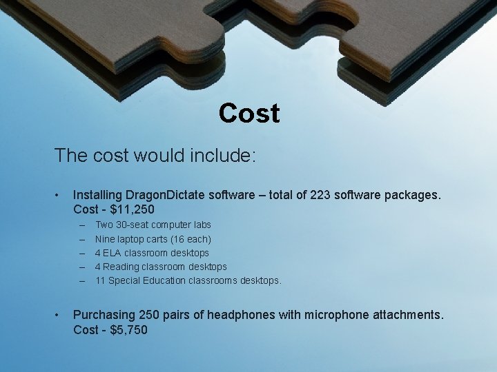 Cost The cost would include: • Installing Dragon. Dictate software – total of 223