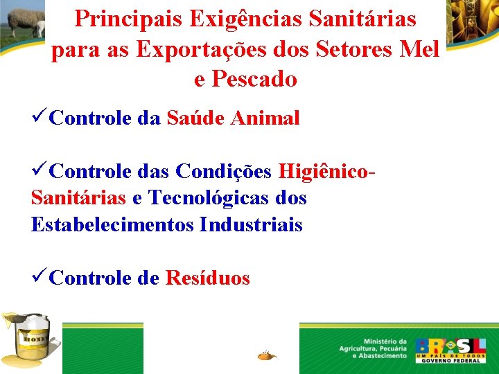 Principais Exigências Sanitárias para as Exportações dos Setores Mel e Pescado üControle da Saúde