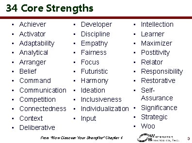 34 Core Strengths • • • Achiever Activator Adaptability Analytical Arranger Belief Command Communication