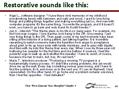 Restorative sounds like this: • • • Nigel L. , software designer: "I have