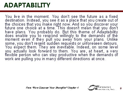 ADAPTABILITY You live in the moment. You don't see the future as a fixed