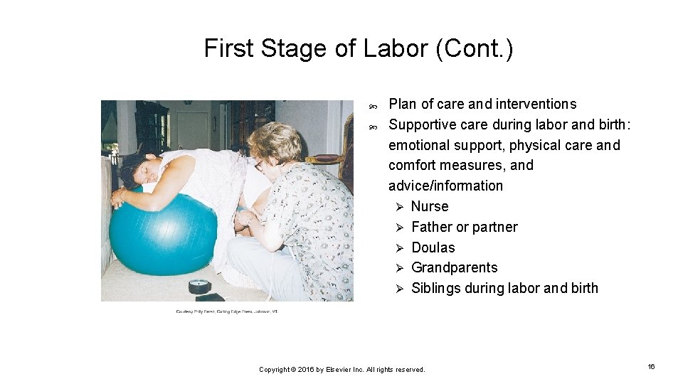 First Stage of Labor (Cont. ) Plan of care and interventions Supportive care during