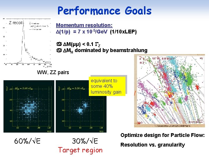 Performance Goals Z recoil Momentum resolution: (1/p) = 7 x 10 -5/Ge. V (1/10