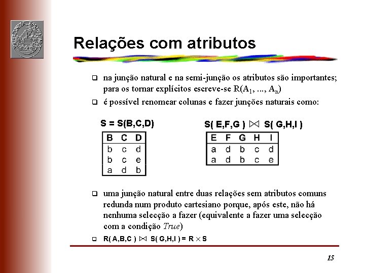 Relações com atributos q q na junção natural e na semi-junção os atributos são