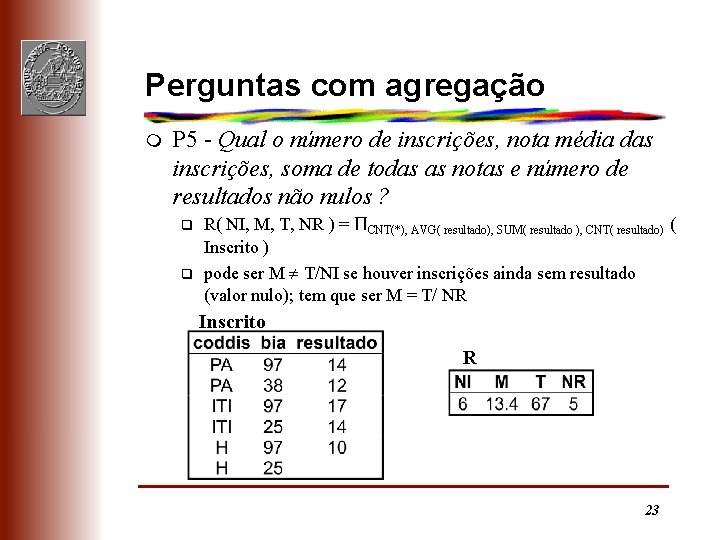 Perguntas com agregação m P 5 - Qual o número de inscrições, nota média