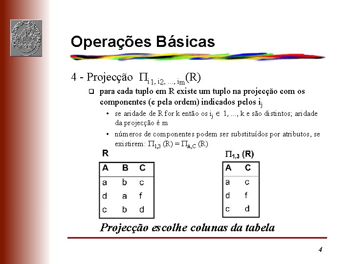 Operações Básicas 4 - Projecção i 1, i 2, . . . , im(R)