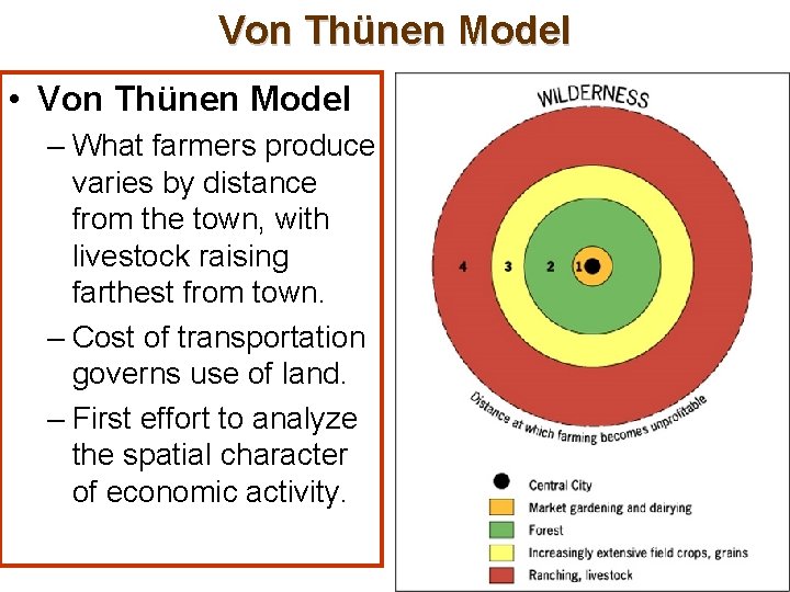 Von Thünen Model • Von Thünen Model – What farmers produce varies by distance