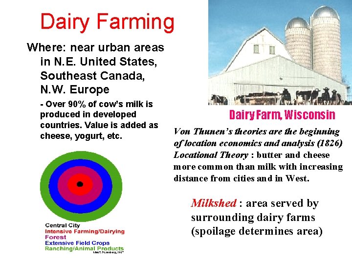 Dairy Farming Where: near urban areas in N. E. United States, Southeast Canada, N.