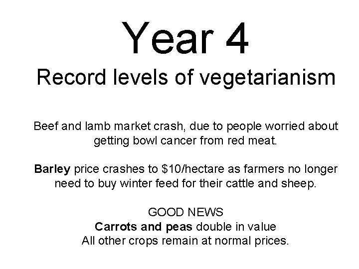 Year 4 Record levels of vegetarianism Beef and lamb market crash, due to people