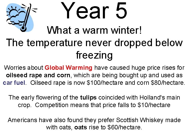 Year 5 What a warm winter! The temperature never dropped below freezing Worries about