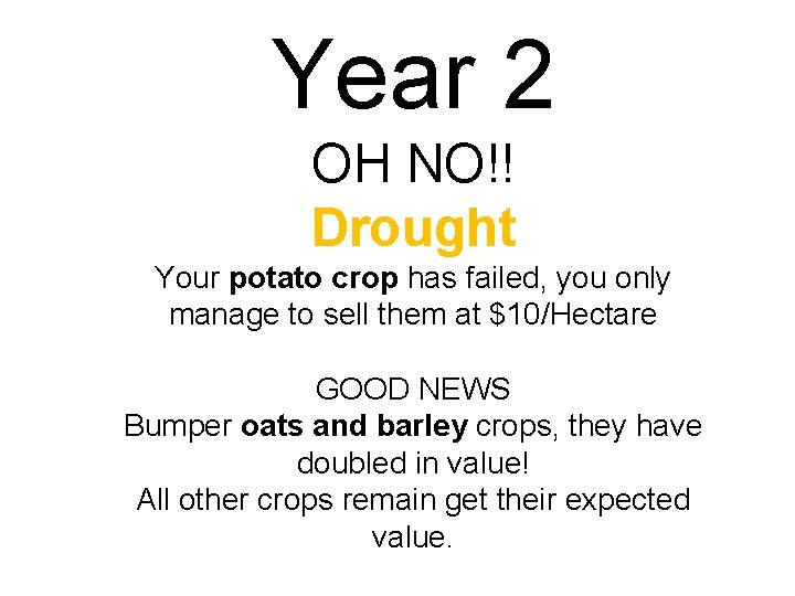 Year 2 OH NO!! Drought Your potato crop has failed, you only manage to