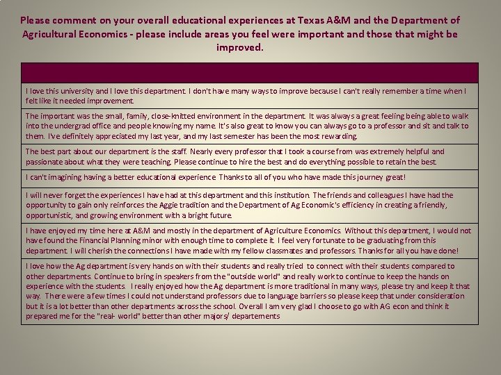 Please comment on your overall educational experiences at Texas A&M and the Department of