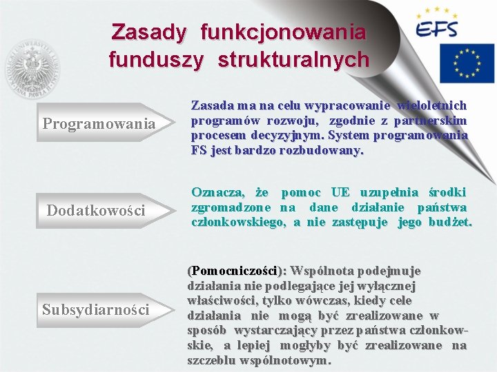 Zasady funkcjonowania funduszy strukturalnych Programowania Zasada ma na celu wypracowanie wieloletnich programów rozwoju, zgodnie