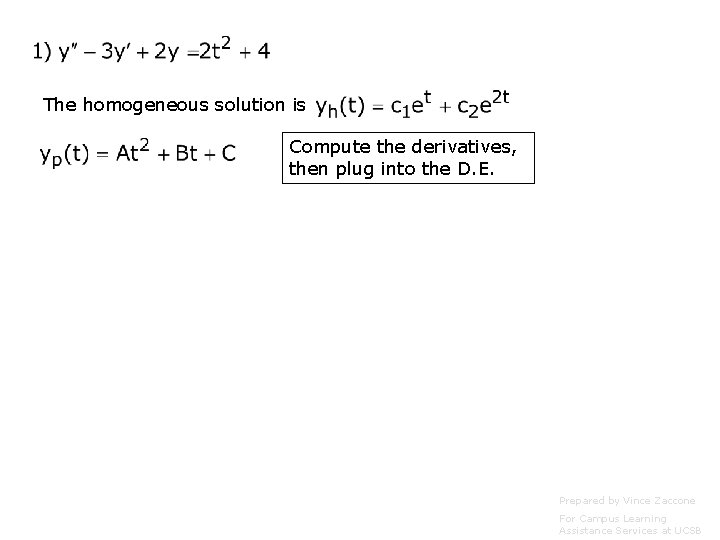 The homogeneous solution is Compute the derivatives, then plug into the D. E. Prepared