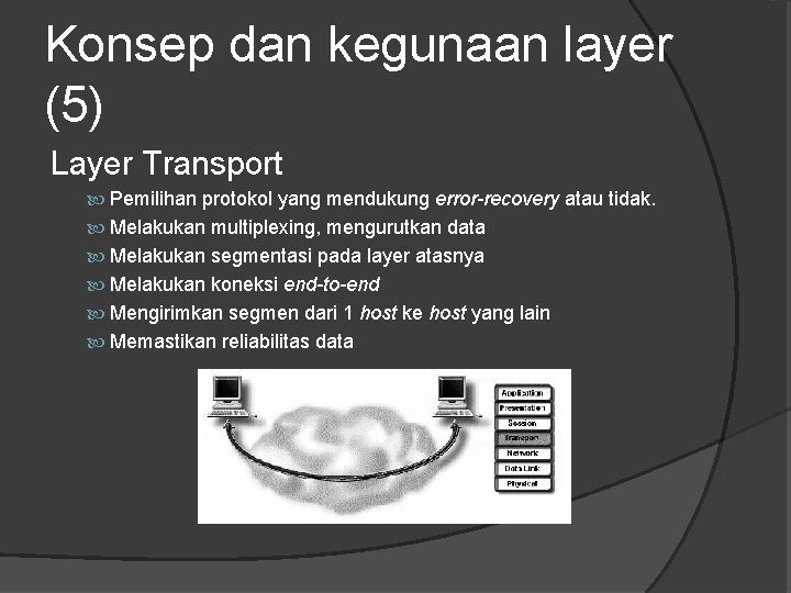 Konsep dan kegunaan layer (5) Layer Transport Pemilihan protokol yang mendukung error-recovery atau tidak.