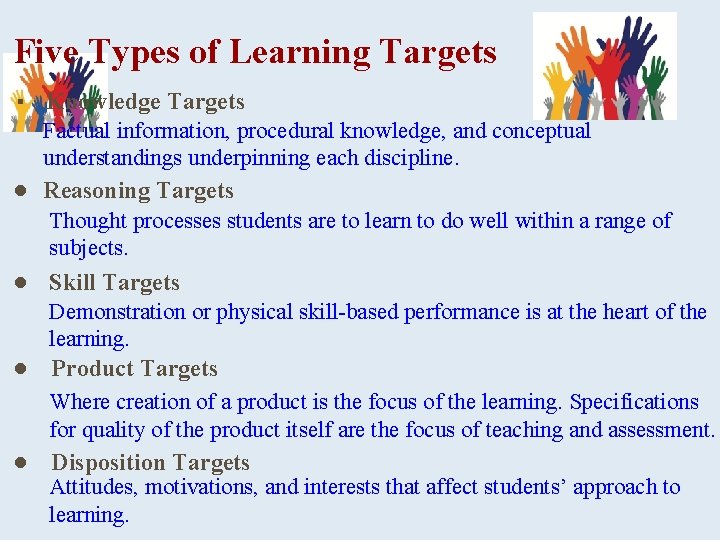 Five Types of Learning Targets ▪ Knowledge Targets Factual information, procedural knowledge, and conceptual