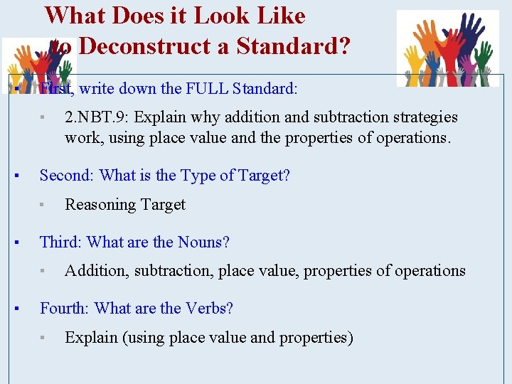 What Does it Look Like to Deconstruct a Standard? ▪ First, write down the