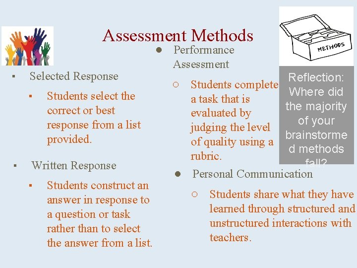 Assessment Methods ▪ Selected Response ▪ ▪ Students select the correct or best response
