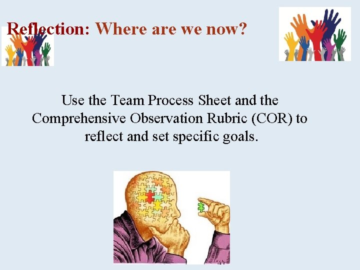 Reflection: Where are we now? Use the Team Process Sheet and the Comprehensive Observation