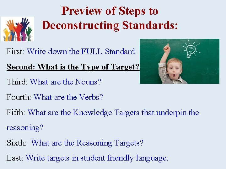 Preview of Steps to Deconstructing Standards: First: Write down the FULL Standard. Second: What