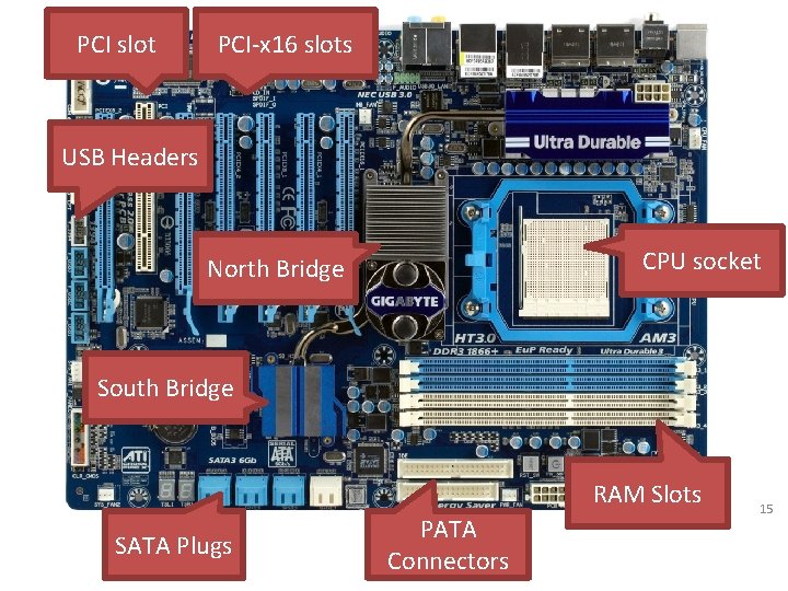 PCI slot PCI-x 16 slots USB Headers CPU socket North Bridge South Bridge RAM