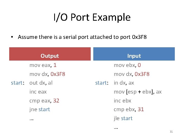 I/O Port Example • Assume there is a serial port attached to port 0