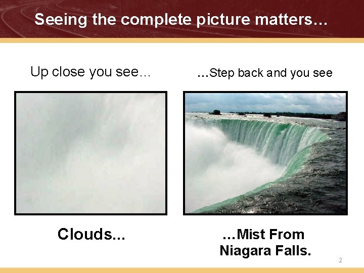 Seeing the complete picture matters… Up close you see… …Step back and you see