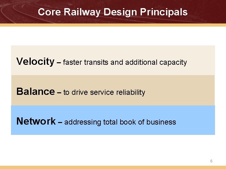 Core Railway Design Principals Velocity – faster transits and additional capacity Balance – to