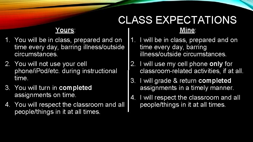 CLASS EXPECTATIONS 1. 2. 3. 4. Yours: You will be in class, prepared and