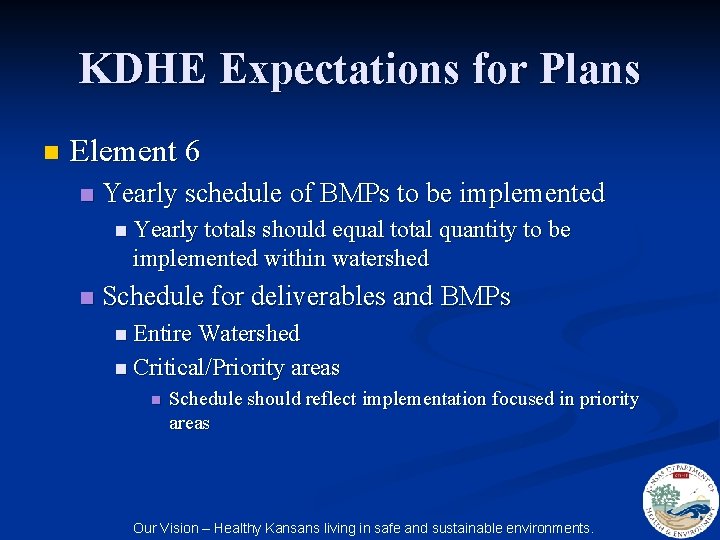 KDHE Expectations for Plans n Element 6 n Yearly schedule of BMPs to be