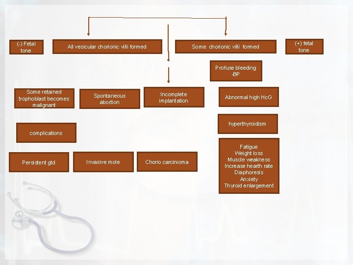(-) Fetal tone All vesicular chorionic villi formed Some chorionic villi formed Profuse bleeding