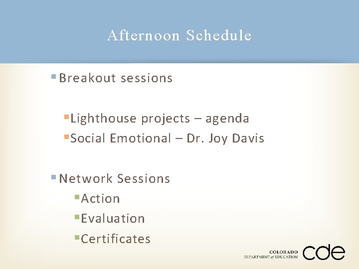Afternoon Schedule § Breakout sessions § Lighthouse projects – agenda § Social Emotional –