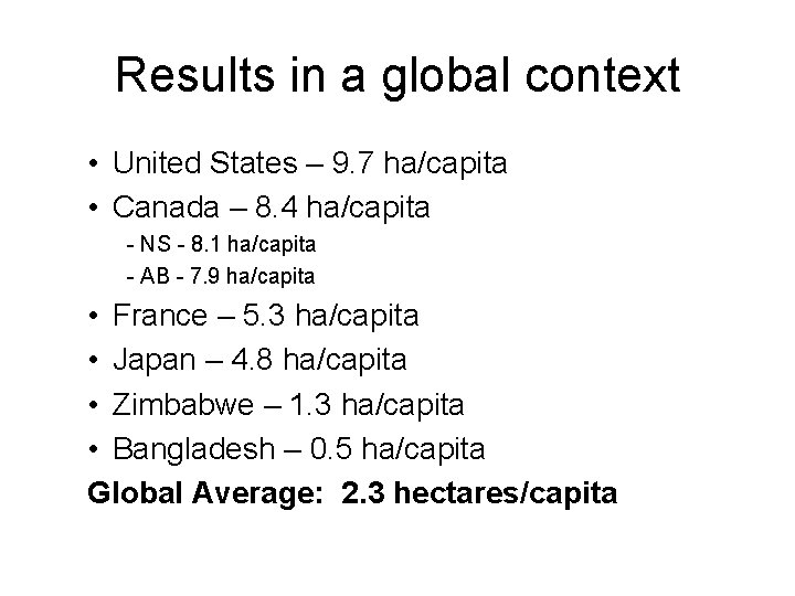 Results in a global context • United States – 9. 7 ha/capita • Canada