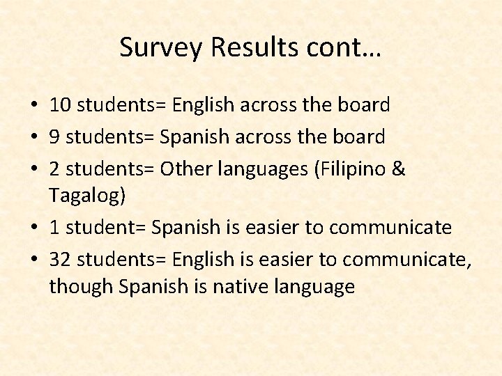 Survey Results cont… • 10 students= English across the board • 9 students= Spanish