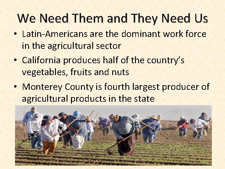 We Need Them and They Need Us • Latin-Americans are the dominant work force