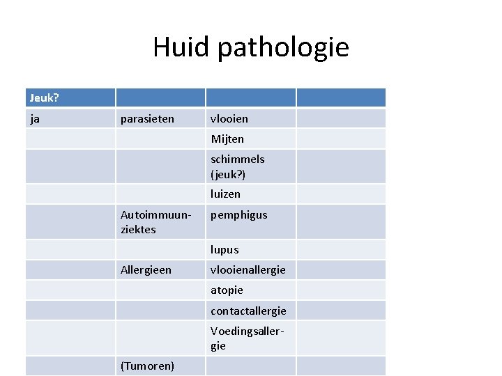Huid pathologie Jeuk? ja parasieten vlooien Mijten schimmels (jeuk? ) luizen Autoimmuunziektes pemphigus lupus