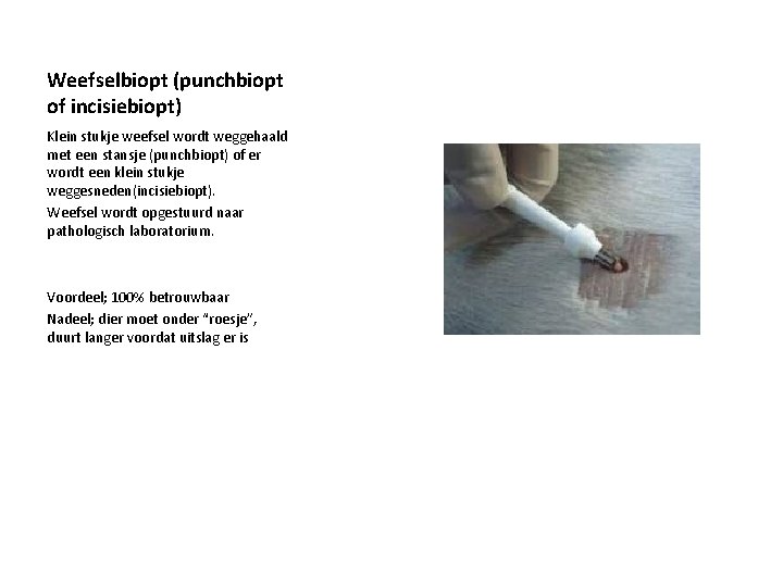 Weefselbiopt (punchbiopt of incisiebiopt) Klein stukje weefsel wordt weggehaald met een stansje (punchbiopt) of