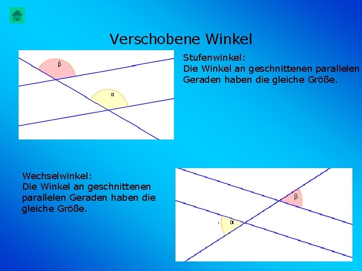 Verschobene Winkel Stufenwinkel: Die Winkel an geschnittenen parallelen Geraden haben die gleiche Größe. Wechselwinkel: