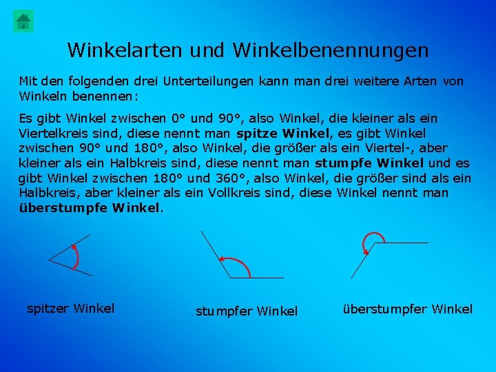 Winkelarten und Winkelbenennungen Mit den folgenden drei Unterteilungen kann man drei weitere Arten von