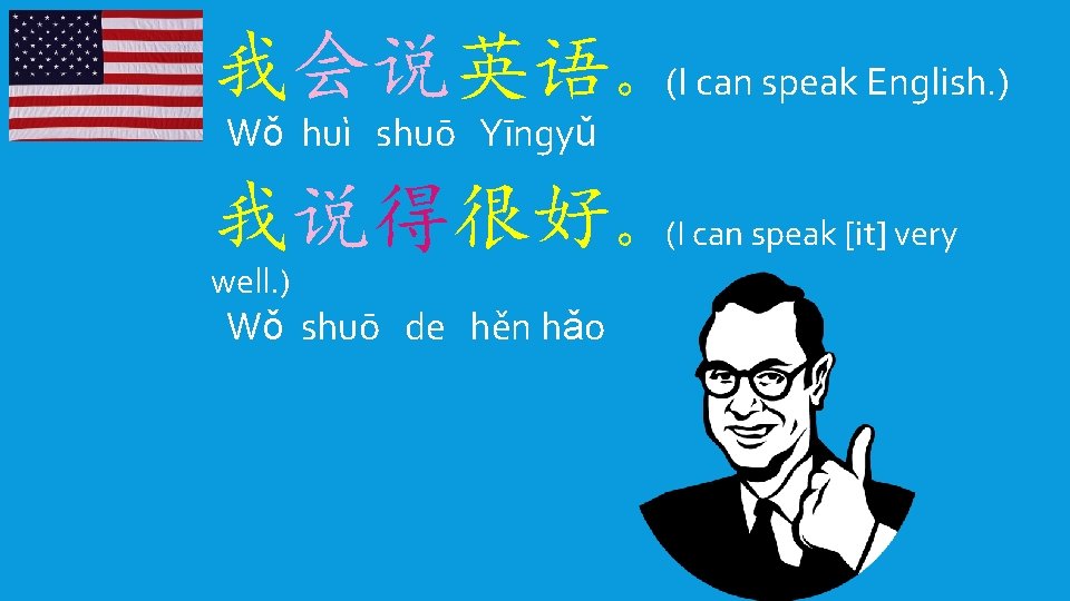 我会说英语。(I can speak English. ) Wǒ huì shuō Yīngyǔ 我说得很好。(I can speak [it] very