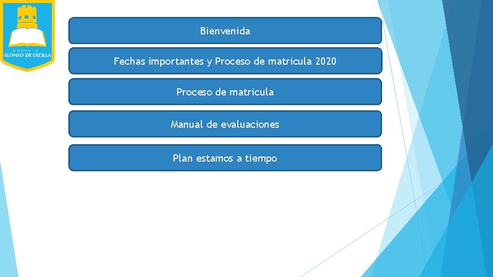 Bienvenida Fechas importantes y Proceso de matricula 2020 Proceso de matricula Manual de evaluaciones