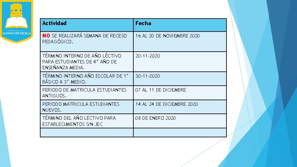 Actividad Fecha NO SE REALIZARÁ SEMANA DE RECESO PEDAGÓGICO. 16 AL 20 DE NOVIEMBRE