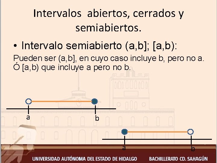Intervalos abiertos, cerrados y semiabiertos. • Intervalo semiabierto (a, b]; [a, b): Pueden ser