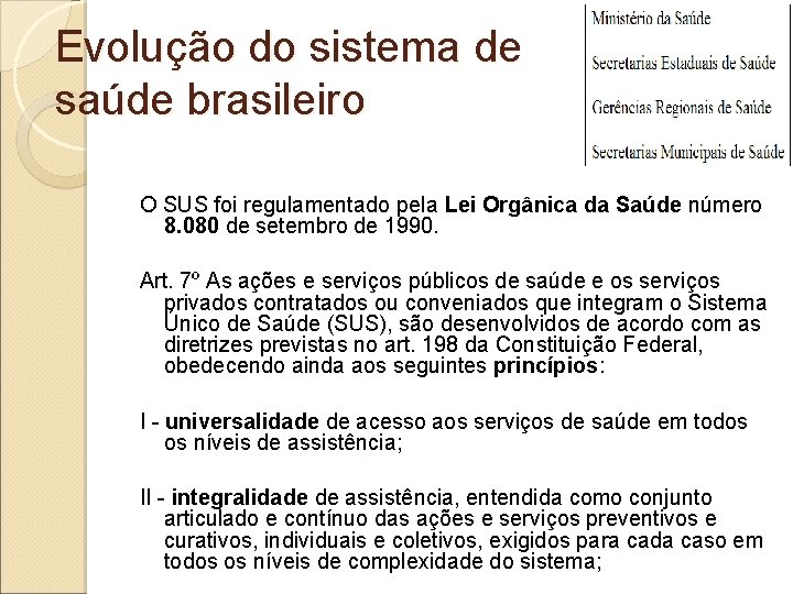 Evolução do sistema de saúde brasileiro O SUS foi regulamentado pela Lei Orgânica da