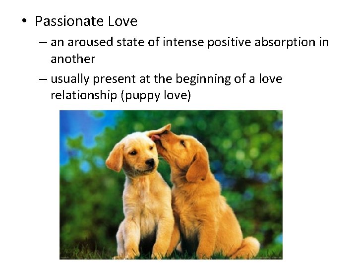  • Passionate Love – an aroused state of intense positive absorption in another