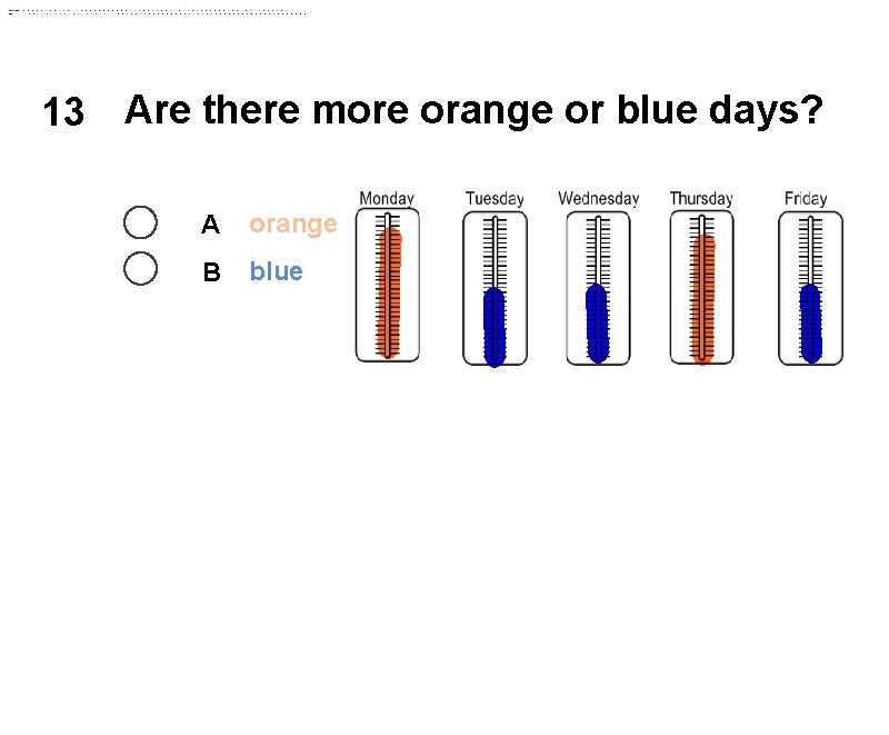 13 Are there more orange or blue days? A orange B blue 