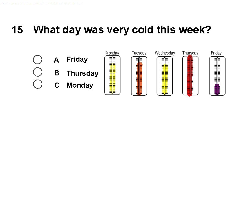 15 What day was very cold this week? A Friday B Thursday C Monday