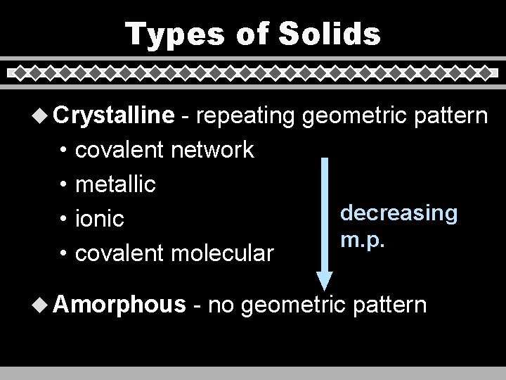 Types of Solids u Crystalline • • - repeating geometric pattern covalent network metallic