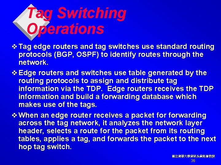 Tag Switching Operations v Tag edge routers and tag switches use standard routing protocols