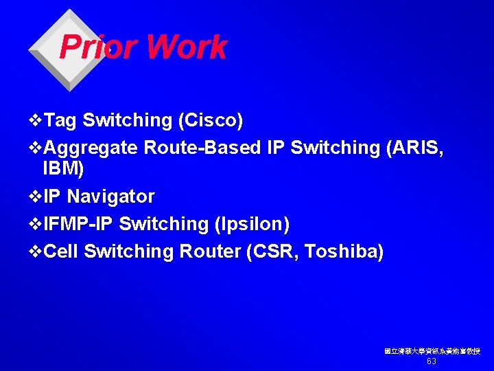 Prior Work v. Tag Switching (Cisco) v. Aggregate Route-Based IP Switching (ARIS, IBM) v.
